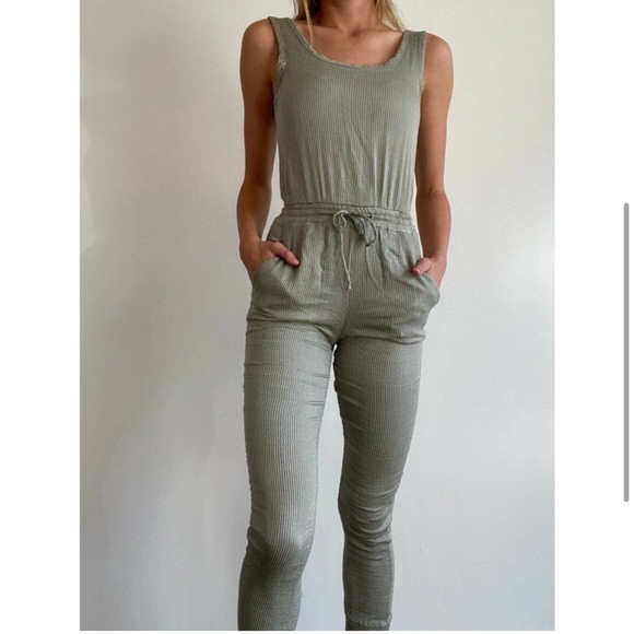 Onia Pants - Onia Susie Green Striped Elastic Waist Lounge Jumpsuit Romper Jogger